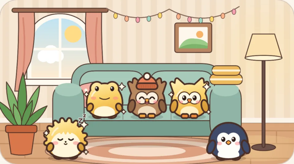 Critter friends relaxing on a sofa in a cozy living room.