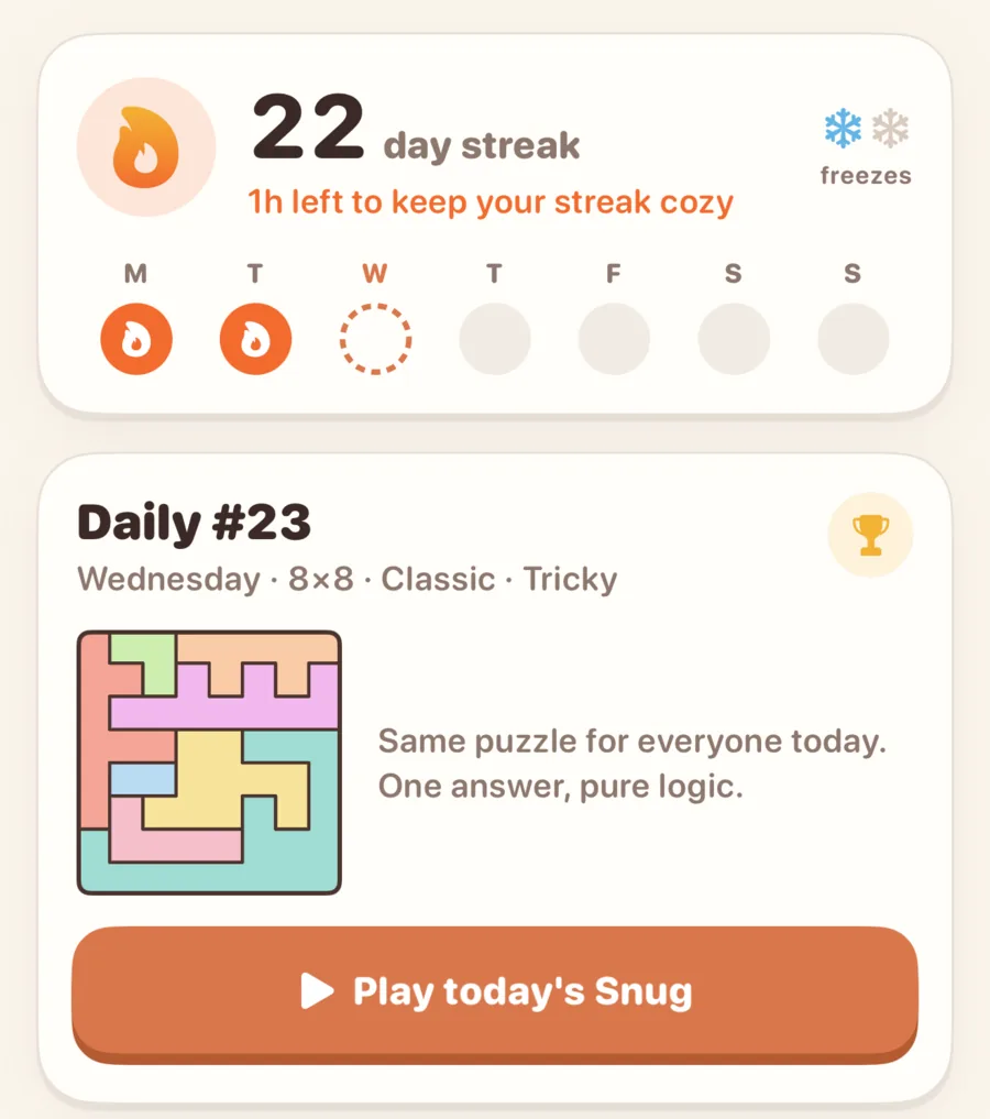 The Today screen: a 22 day streak and today's daily puzzle.