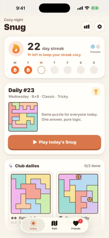The Today screen with the daily puzzle and streak